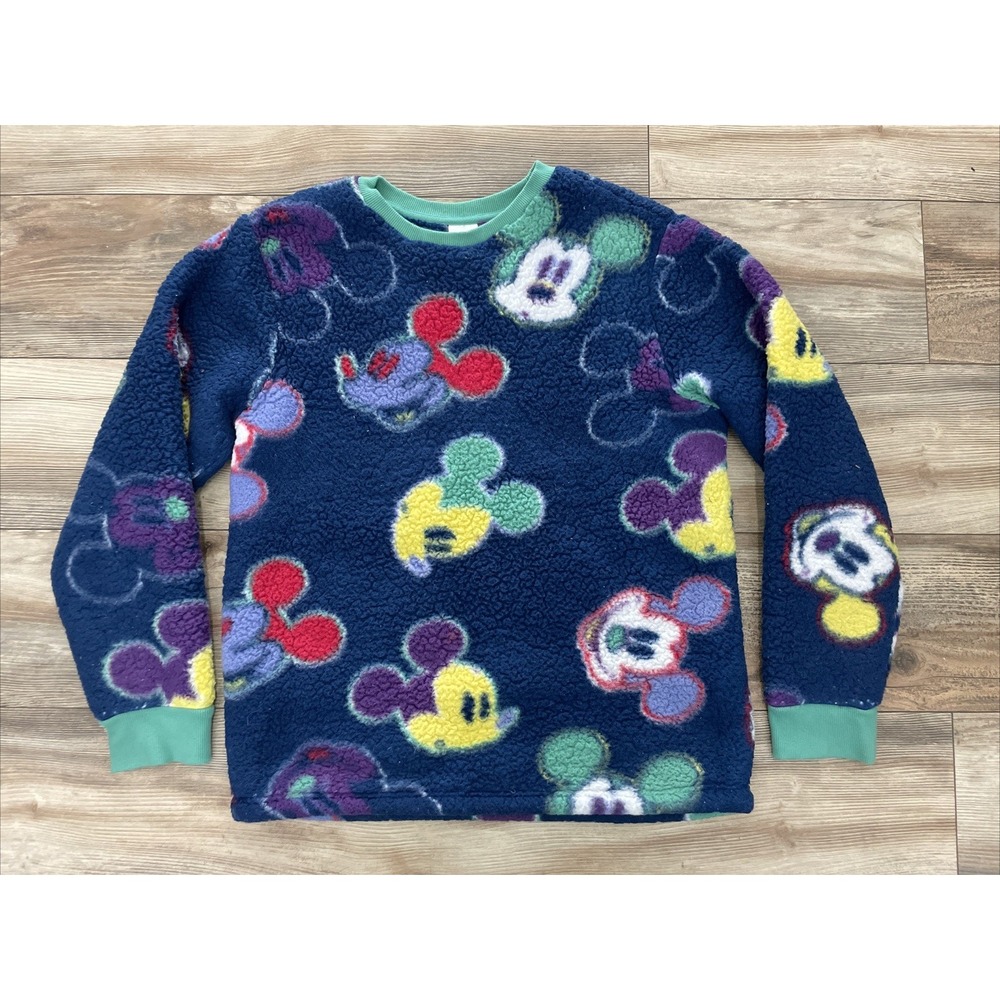 Disney Parks Mickey Mouse Sherpa Fleece Sweater US Size M Navy Multicolor Faces